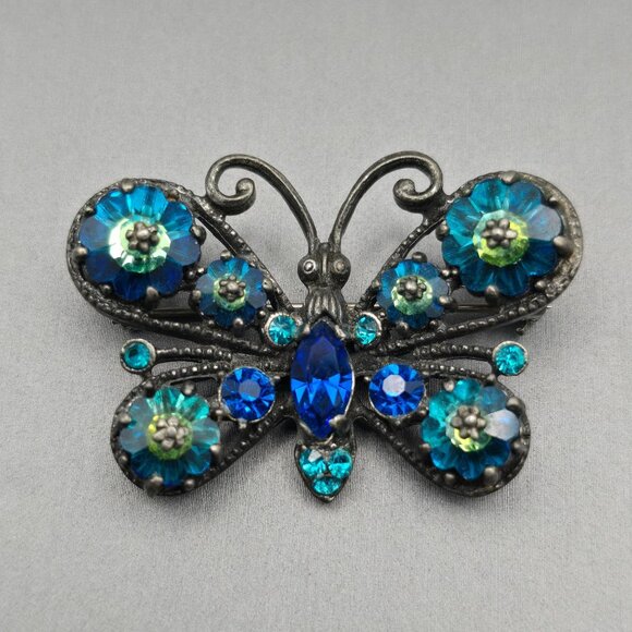 VTG Signed Weiss Butterfly Brooch 1.5" Blue & Green Rhinestones Silver Tone - Picture 8 of 8